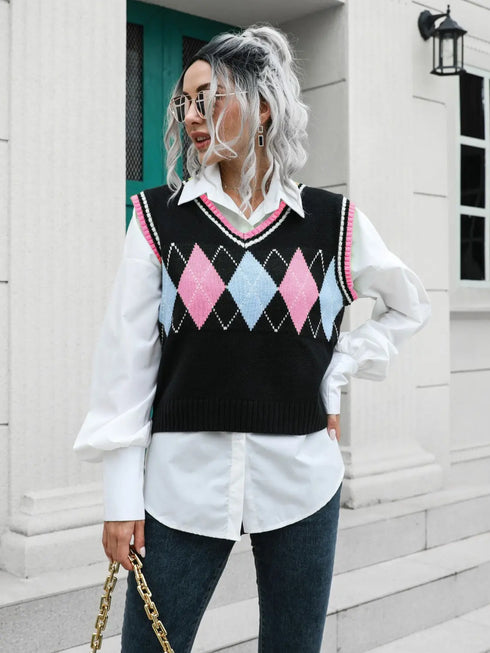 'Leocadia' Diamond Print Sleeveless Knit Sweater - Celes Fashion